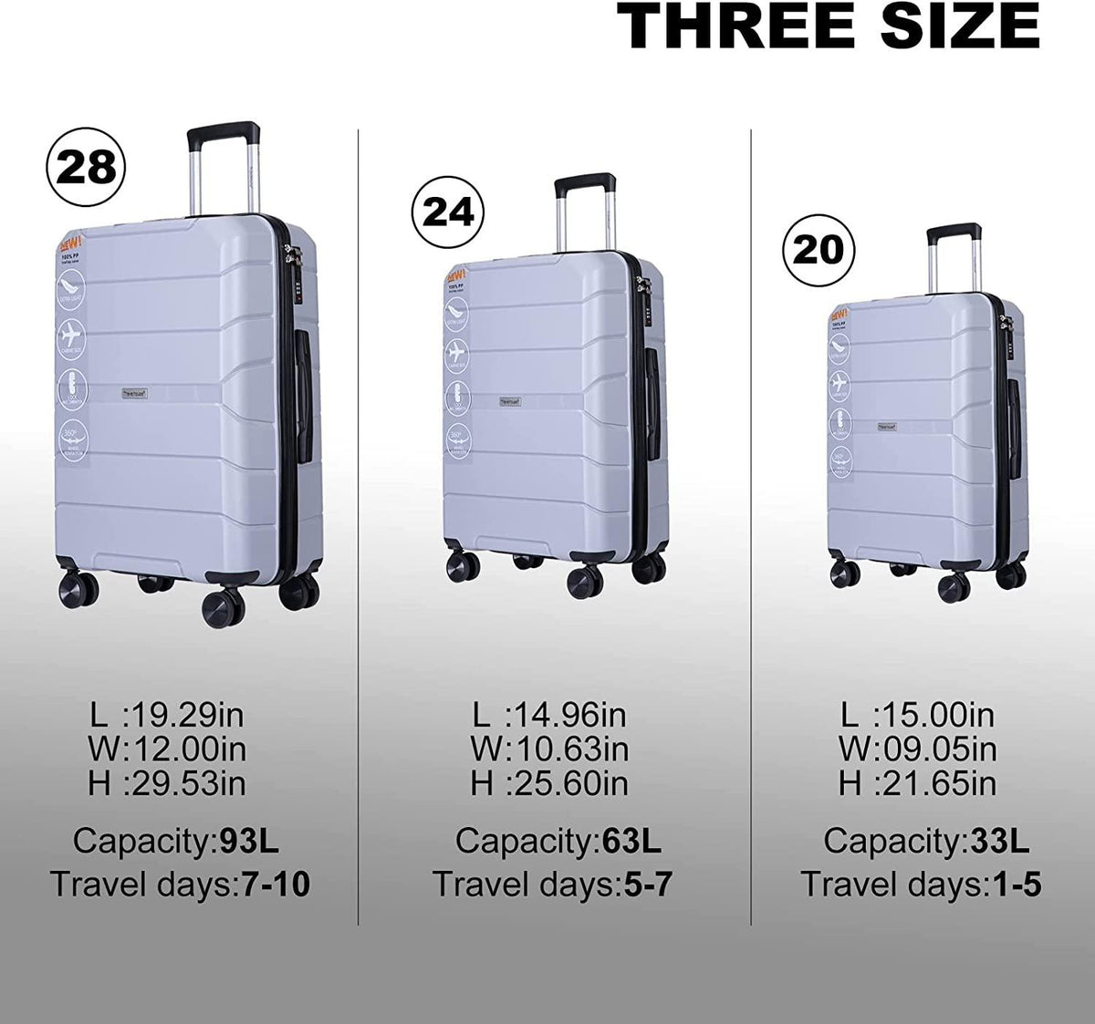 PP Hardshell Luggage Set of 3, Hardcase Expandble Suitcase Set 3piece with TSA Lock Spinner Carry on 20in/24in/28in For Unisex(Silver)