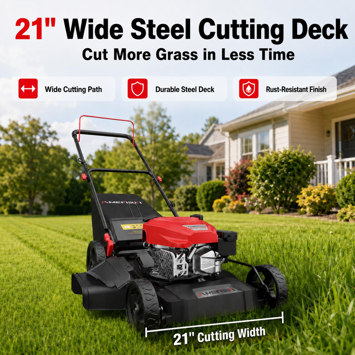 21-Inch Gas Push Lawn Mower, 144cc 4-Stroke Engine, 6-Position Adjustable Cutting Height, 3-in-1 Mulching, Side Dischar&amp; Rear Bag for Garden Landscaping
