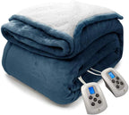 Electric Blanket Queen Size, Sherpa Flannel Heated Blanket with Dual Control, 10 Heat Settings, Automatic Shut Off Adjustable, Machine Washable (Navy, Queen)