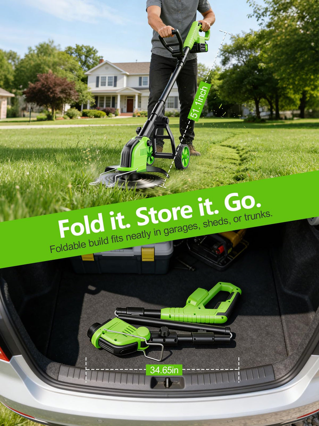 800W Brushless Cordless Weed Wacker with Wheels, Up to 20,000 RPM, 12" 4-in-1 String Trimmer, Weed Eater, Lawn Edger, Mini Mower &amp; Brush Cutter, Foldable, 2×21V 4.0Ah Batteries, Up to 120 Min Runtime