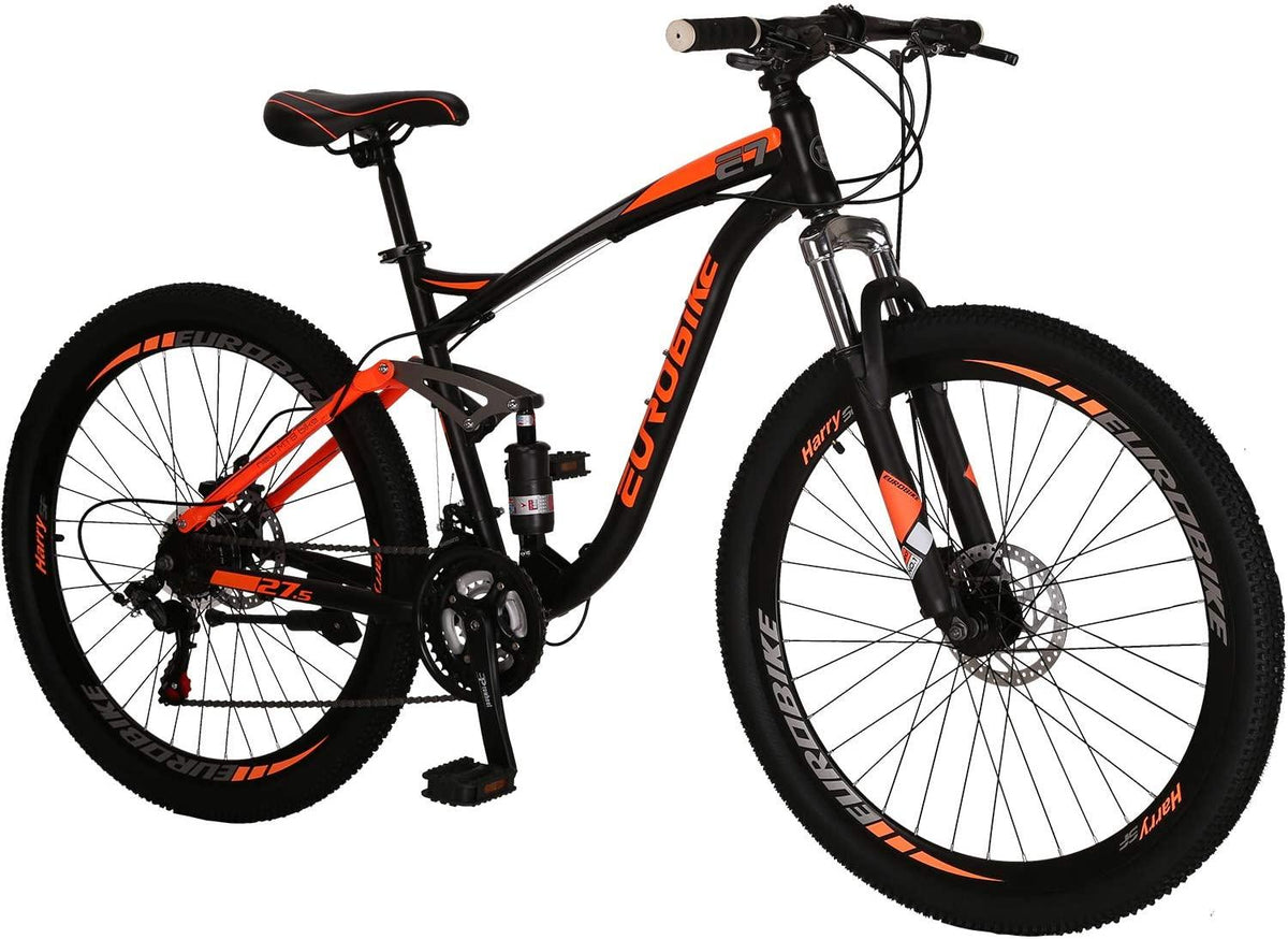 EUROBIKE OBK E7 Mountain Bike 21 Speed Bicycle 27.5” Full Suspension Mens Bikes Daul Disc Brakes MTB (Orange)