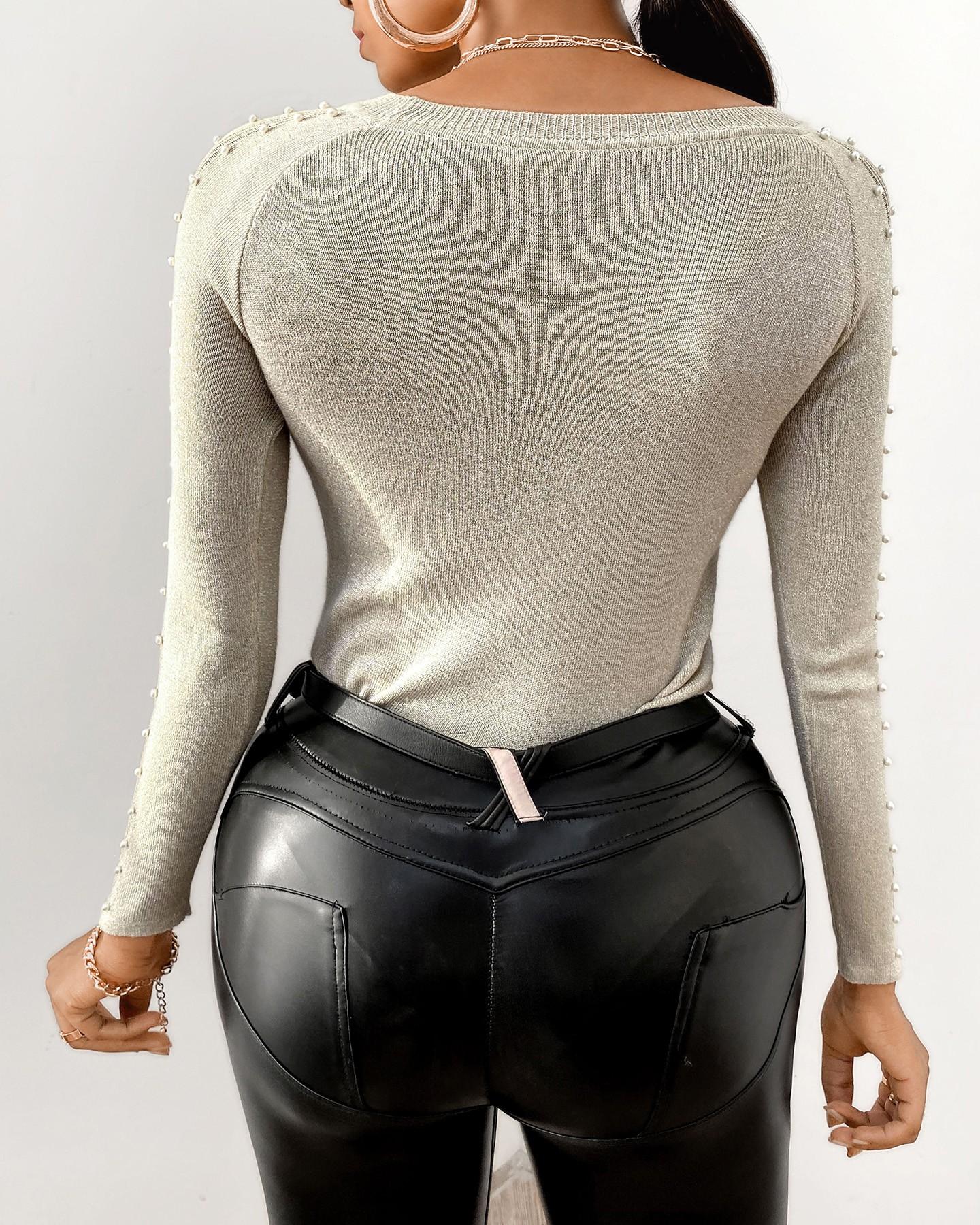 beaded design long sleeve sweater