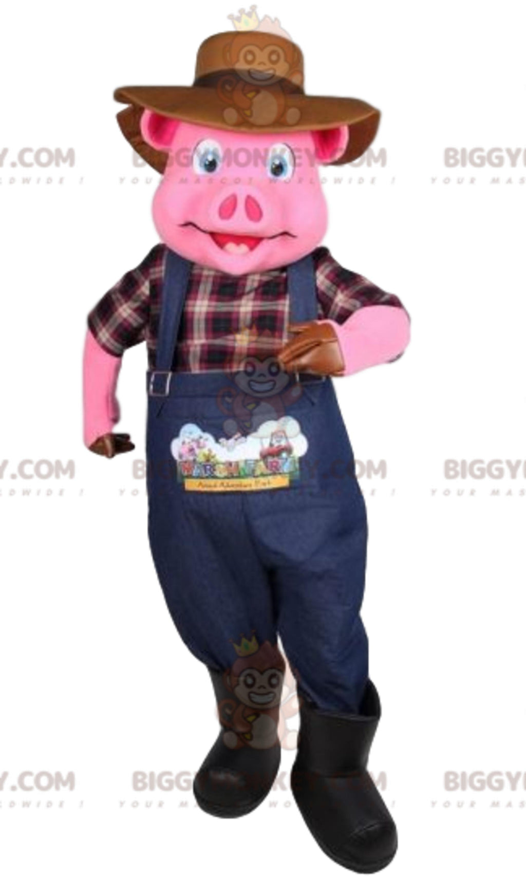 BIGGYMONKEYmascot costume of pig in farmer outfit. pig costume