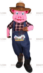 BIGGYMONKEYmascot costume of pig in farmer outfit. pig costume