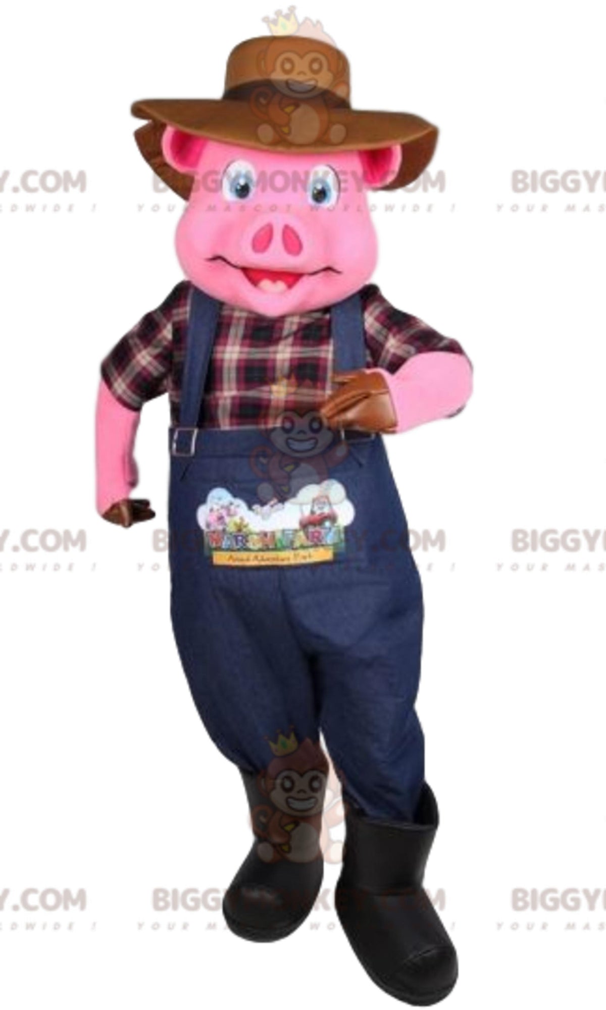 BIGGYMONKEYmascot costume of pig in farmer outfit. pig costume