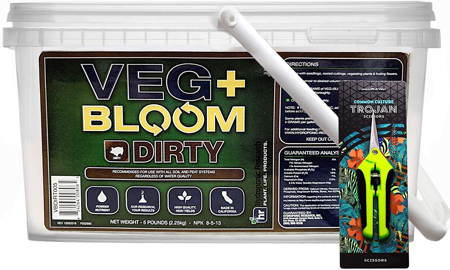 veg+ bloom dirty formulated nutrient powder for soil and peat -5lb with common culture trimming scissors