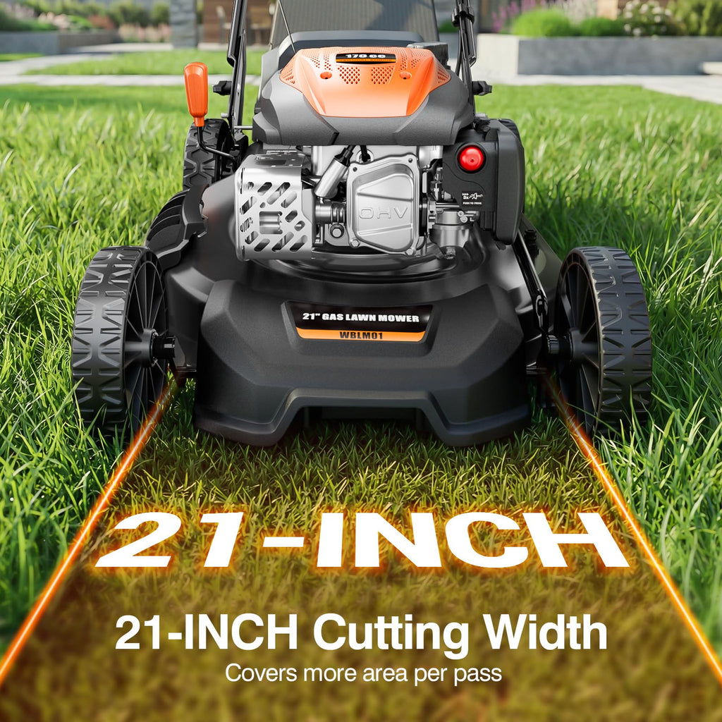 21” Self Propelled Lawn Mower Gas, 170CC 4-in-1 Mulch/Rear Bag/Side Discharge/Rear Discharge, Walk-Behind Gas Lawnmower with 7-Position Cutting Height, Foldable Gas Powered Lawn Mowers