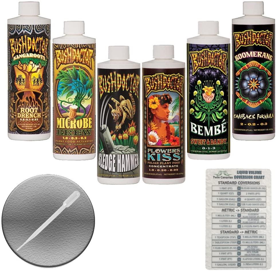 foxfarm bushdoctor liquid nutrient formula: kangaroots, microbe brew, sledgehammer, flowers kiss, bembe, boomerang (pack of 6-16 oz bottles) 1 pint each + twin canaries chart &amp; pipette