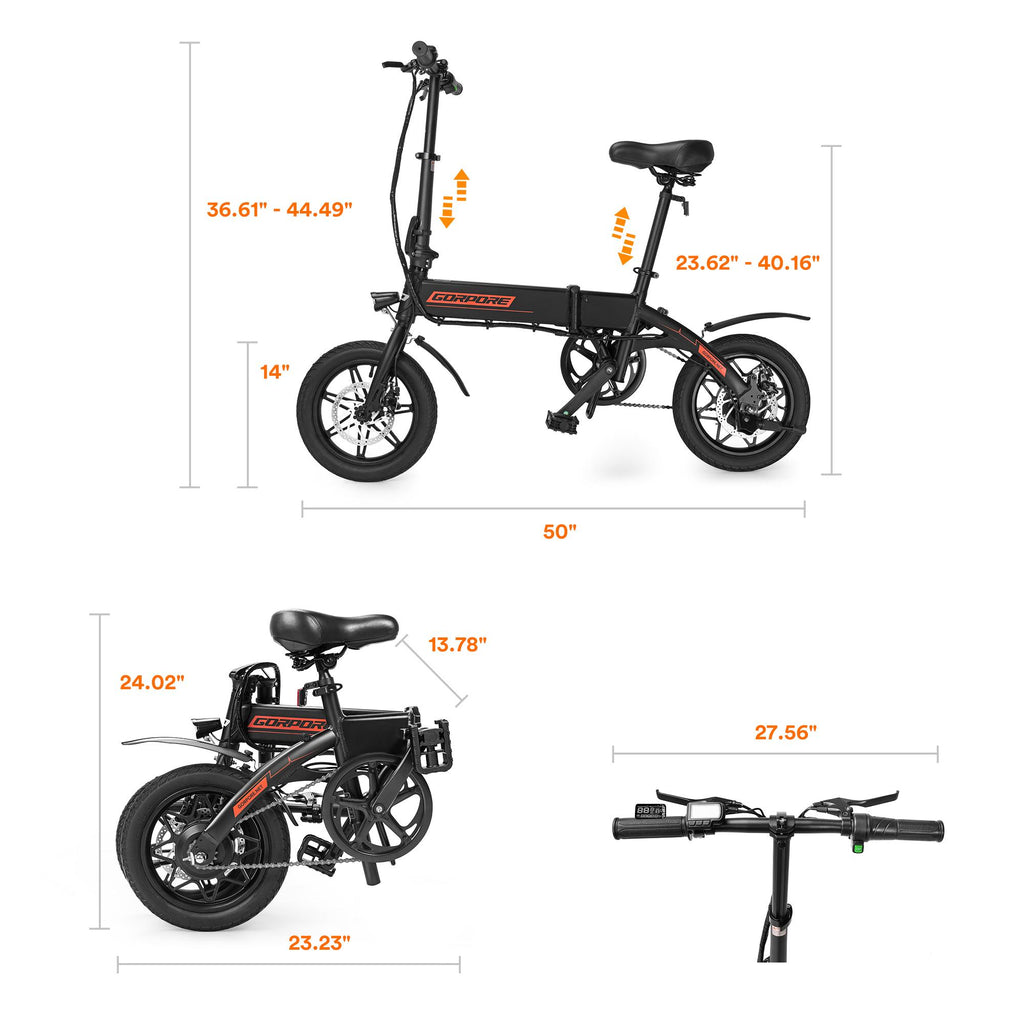 Gorpore 14 In. Portable Folding Electric Bike, Adjustable with LED Headlight 5 Mode Dual Brake, Pedal Assist 250W Powerful Brushless Motor, LarCapacity Battery for Daily Commute