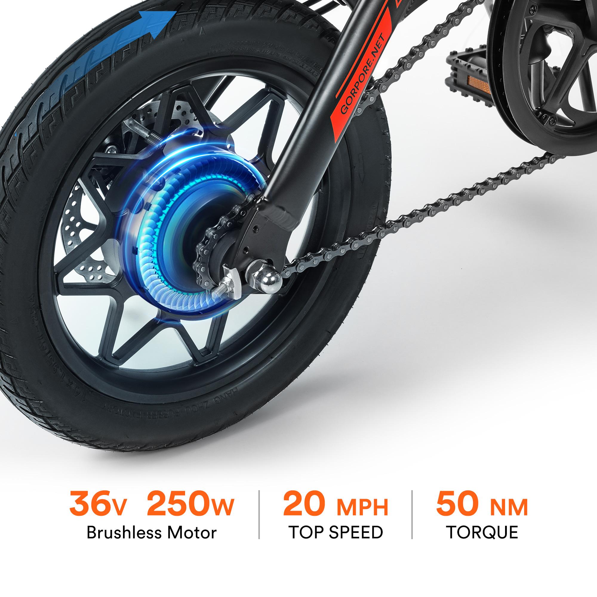 Gorpore 14 In. Portable Folding Electric Bike, Adjustable with LED Headlight 5 Mode Dual Brake, Pedal Assist 250W Powerful Brushless Motor, LarCapacity Battery for Daily Commute