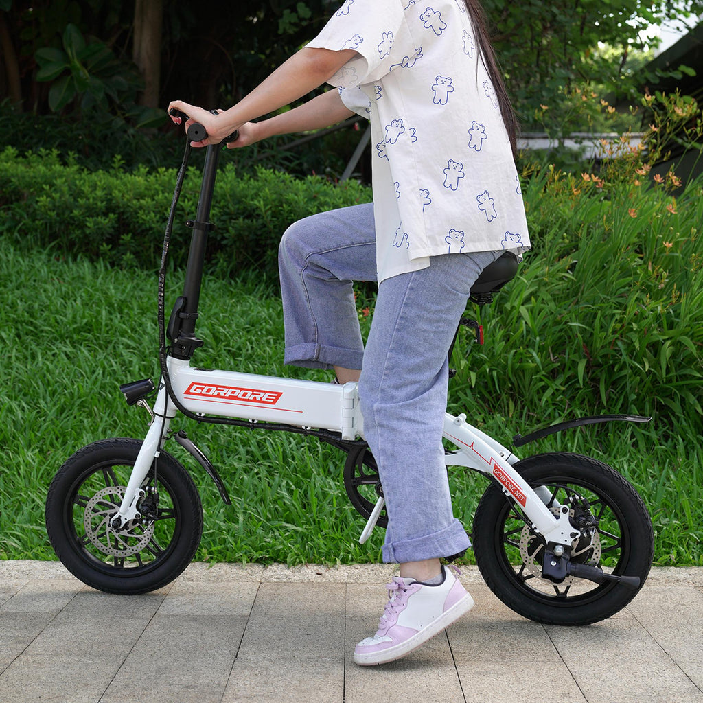 Gorpore 14 In. Portable Folding Electric Bike, Adjustable with LED Headlight 5 Mode Dual Brake, Pedal Assist 250W Powerful Brushless Motor, LarCapacity Battery for Daily Commute