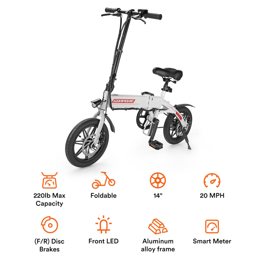 Gorpore 14 In. Portable Folding Electric Bike, Adjustable with LED Headlight 5 Mode Dual Brake, Pedal Assist 250W Powerful Brushless Motor, LarCapacity Battery for Daily Commute