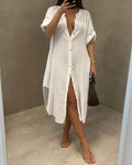 plain button design long sleeve dress