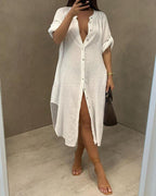 plain button design long sleeve dress