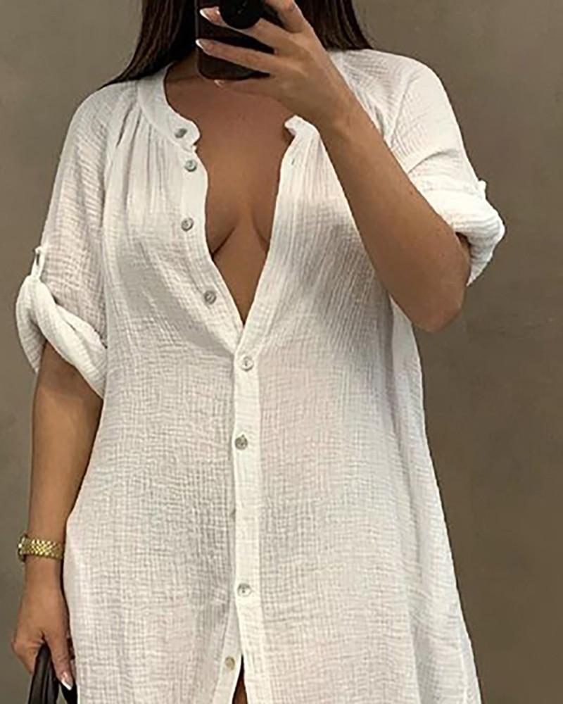 plain button design long sleeve dress