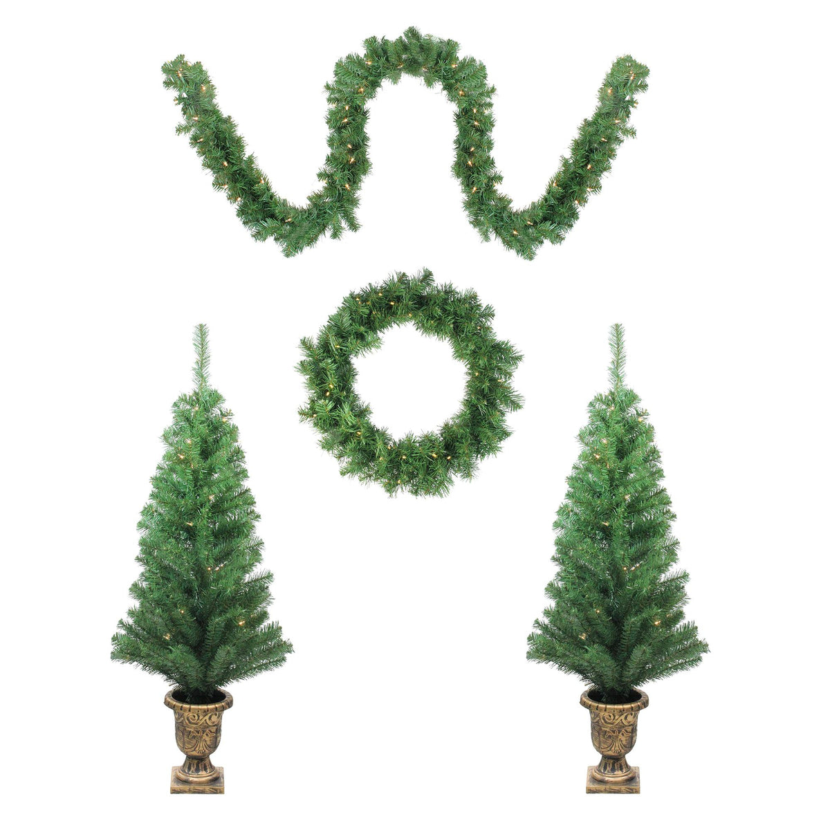 Northlight Prelit Artificial Christmas Trees, Wreath and Garland Set Winter Spruce 5pc - Clear Lights