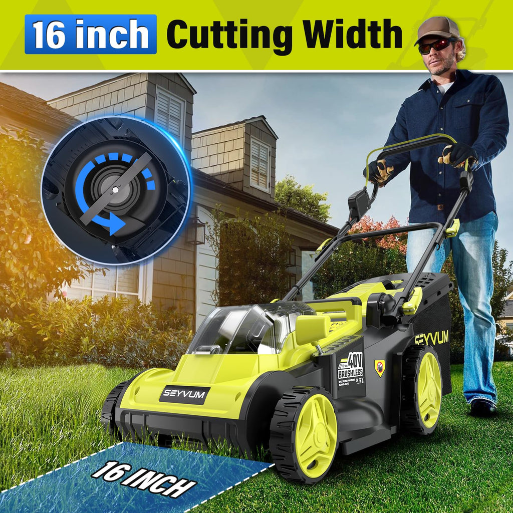 40V 16-inch Cordless Lawn Mower with 45L Grass Collection Bag, 6 Position Height Adjustment Electric Lawn Mower, 2 x 20V 4.0Ah Battery Powered Push Lawnmower, 2.4A Fast Charger, Lemon Green