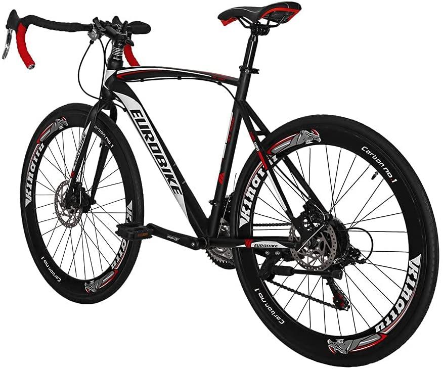 SD XC550 700C Road Bike 54CM Steel Frame Mechanical Dual Disc Brake Regular Spoke High Rim Wheel 21 Speed Gear System Road Bicycle for Unisex Adult BlackRed