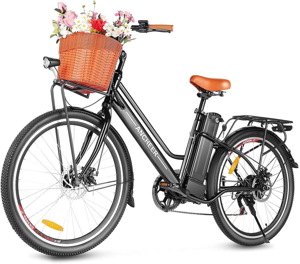 ANCHEER 26'' Electric Bicycle, Electric City Bike, Low Frame e-Bike with 36V/12.5 Ah Lithium Battery and 350W Powerful Motor, Step Through Commuter Ebike with Practical Basket for Woman Man