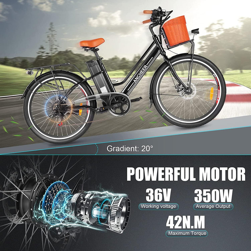 ANCHEER 26'' Electric Bicycle, Electric City Bike, Low Frame e-Bike with 36V/12.5 Ah Lithium Battery and 350W Powerful Motor, Step Through Commuter Ebike with Practical Basket for Woman Man