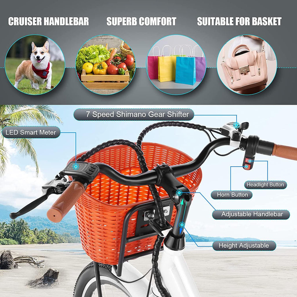 ANCHEER 26'' Electric Bicycle, Electric City Bike, Low Frame e-Bike with 36V/12.5 Ah Lithium Battery and 350W Powerful Motor, Step Through Commuter Ebike with Practical Basket for Woman Man