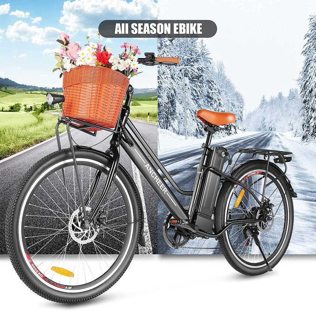 ANCHEER 26'' Electric Bicycle, Electric City Bike, Low Frame e-Bike with 36V/12.5 Ah Lithium Battery and 350W Powerful Motor, Step Through Commuter Ebike with Practical Basket for Woman Man