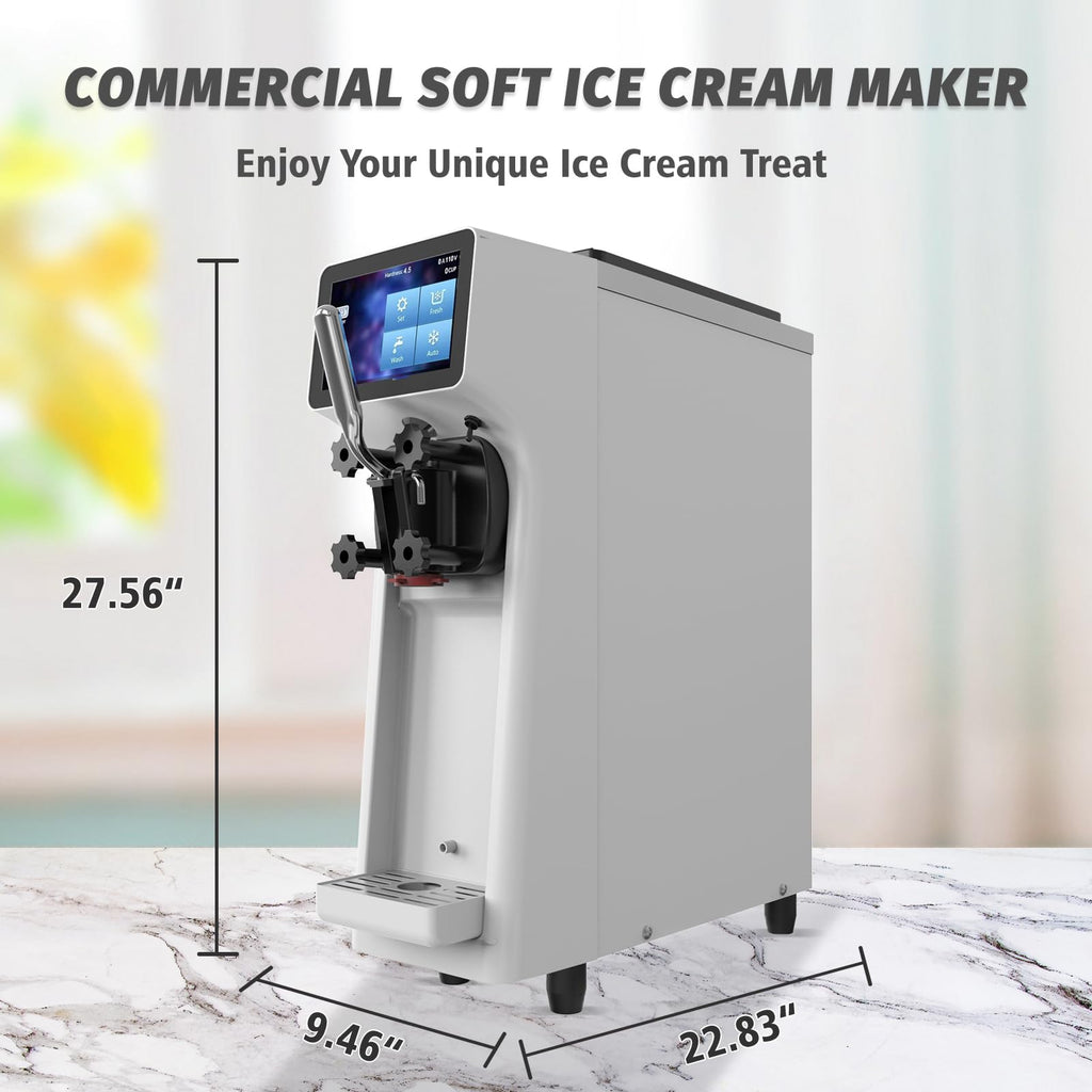Commercial Ice Cream Maker Machine 1000W 2.7 to 4 Gal/H Single Flavor Soft Serve Ice Cream Machine Pre-cooling Auto Clean LCD Touch Screen Soft Serve Maker for Snack Bar Restaurants