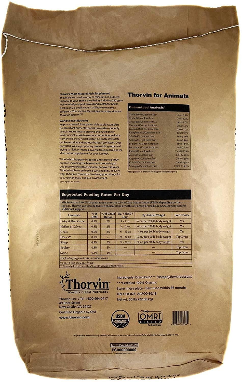 thorvin organic icelandic kelp meal - loaded with nutrients that support your livestock or pet &amp; a natural seaweed fertilizer for plants, 50lbs.