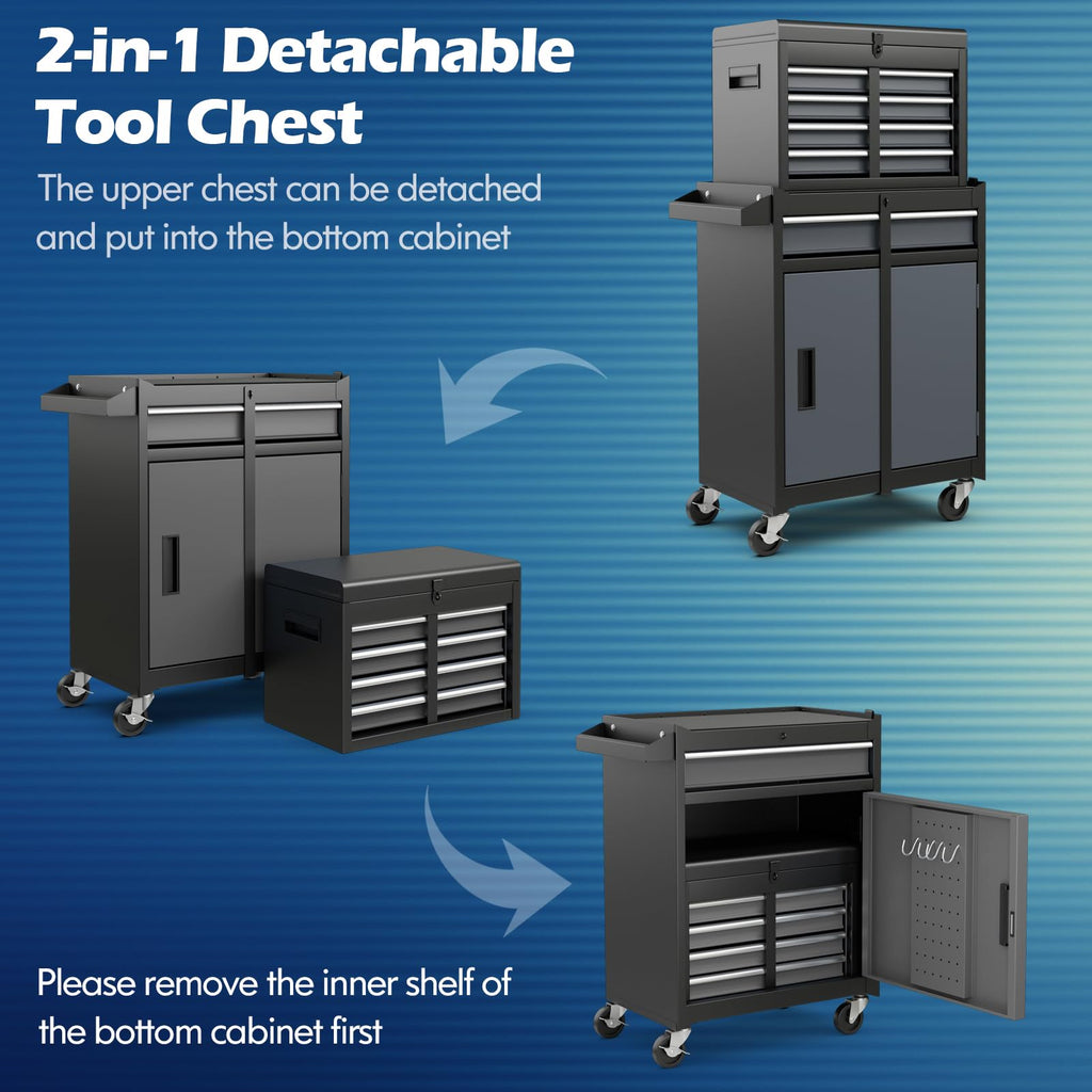 Tool Chest, 5-Drawer Rolling Cabinet with Detachable Top Toolbox, Lockable Wheels, Lock Bar, Protective Liner & Tool Rack, Metal StoraCart for GaraWorkshop