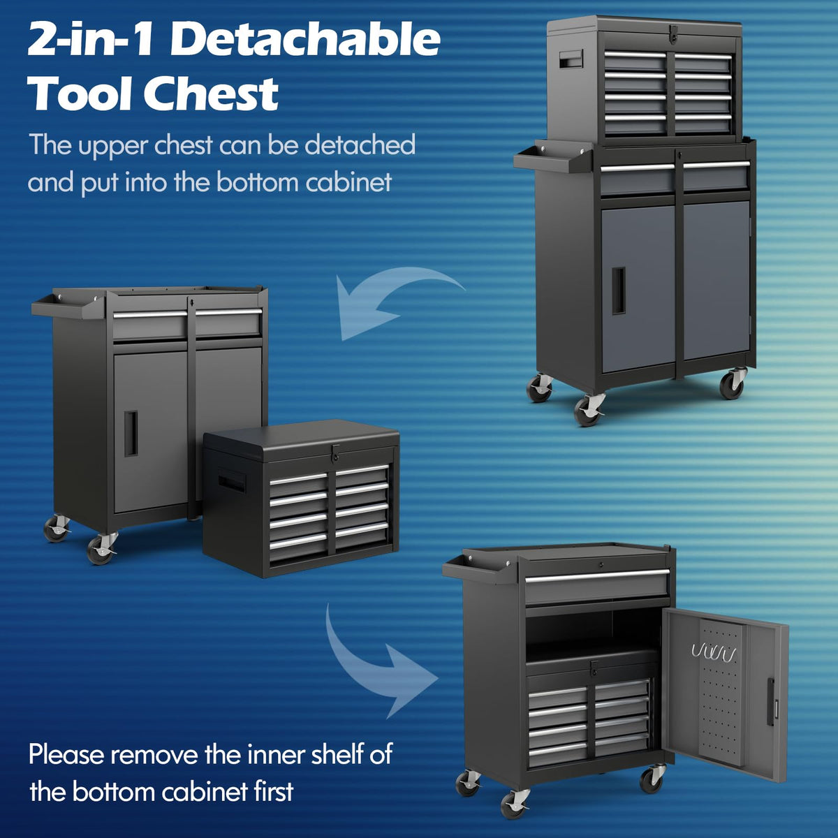 Tool Chest, 5-Drawer Rolling Cabinet with Detachable Top Toolbox, Lockable Wheels, Lock Bar, Protective Liner & Tool Rack, Metal StoraCart for GaraWorkshop