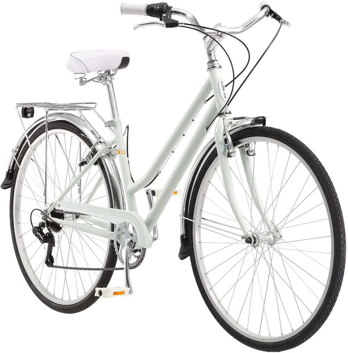 Schwinn Wayfarer Adult Bike Hybrid Retro-Styled Cruiser, 16-Inch/Small Steel Step-Through Frame, 7-Speed Drivetrain, Rear Rack, 700C Wheels, Light Mint