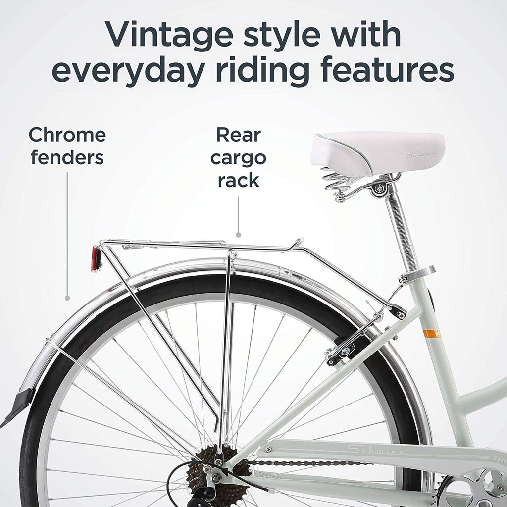 Schwinn Wayfarer Adult Bike Hybrid Retro-Styled Cruiser, 16-Inch/Small Steel Step-Through Frame, 7-Speed Drivetrain, Rear Rack, 700C Wheels, Light Mint