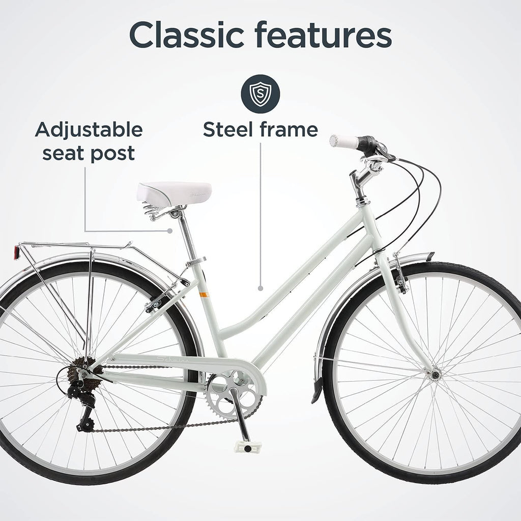 Schwinn Wayfarer Adult Bike Hybrid Retro-Styled Cruiser, 16-Inch/Small Steel Step-Through Frame, 7-Speed Drivetrain, Rear Rack, 700C Wheels, Light Mint