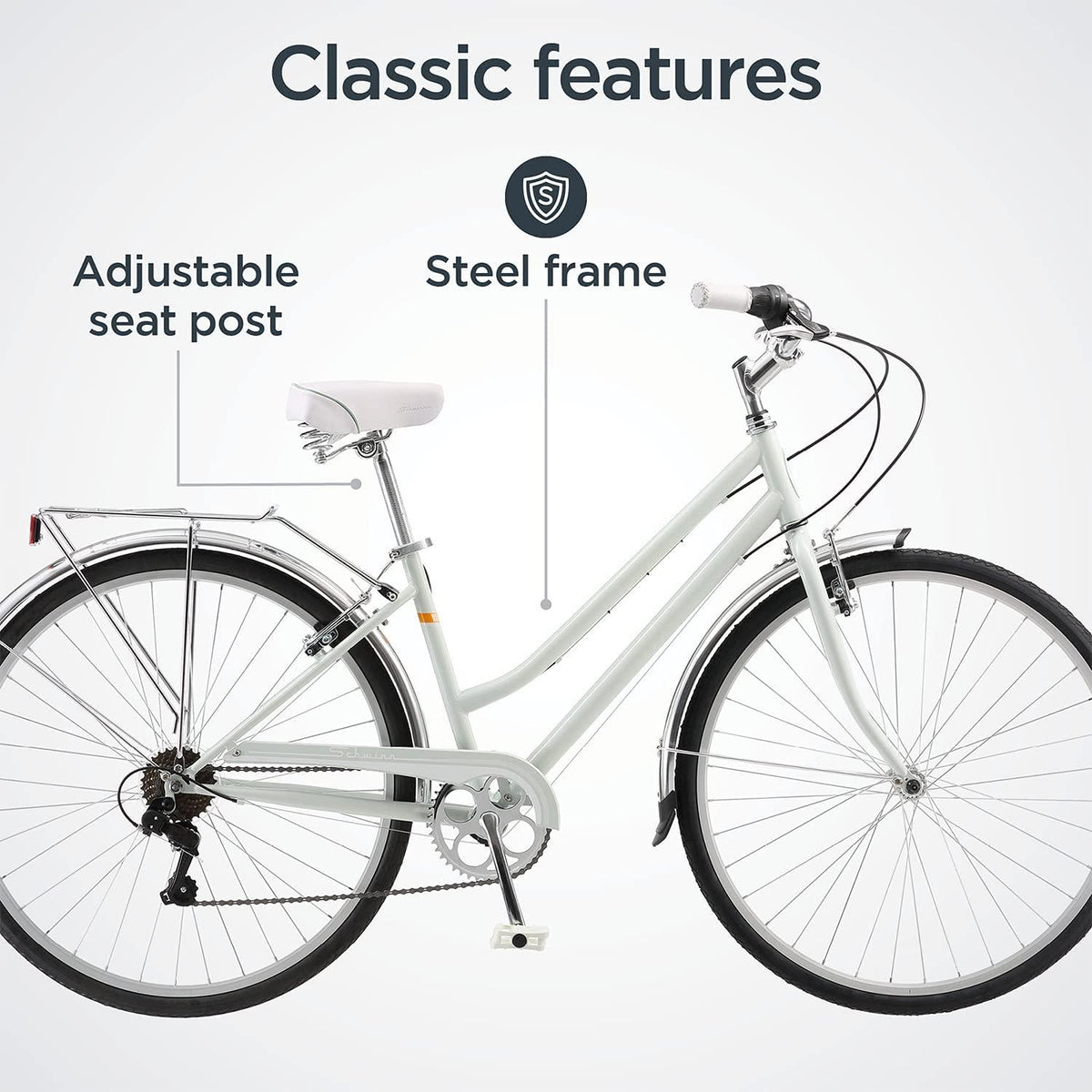 Schwinn Wayfarer Adult Bike Hybrid Retro-Styled Cruiser, 16-Inch/Small Steel Step-Through Frame, 7-Speed Drivetrain, Rear Rack, 700C Wheels, Light Mint