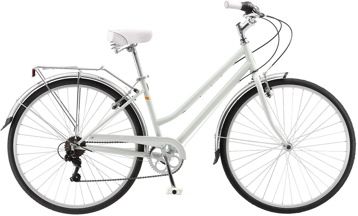 Schwinn Wayfarer Adult Bike Hybrid Retro-Styled Cruiser, 16-Inch/Small Steel Step-Through Frame, 7-Speed Drivetrain, Rear Rack, 700C Wheels, Light Mint