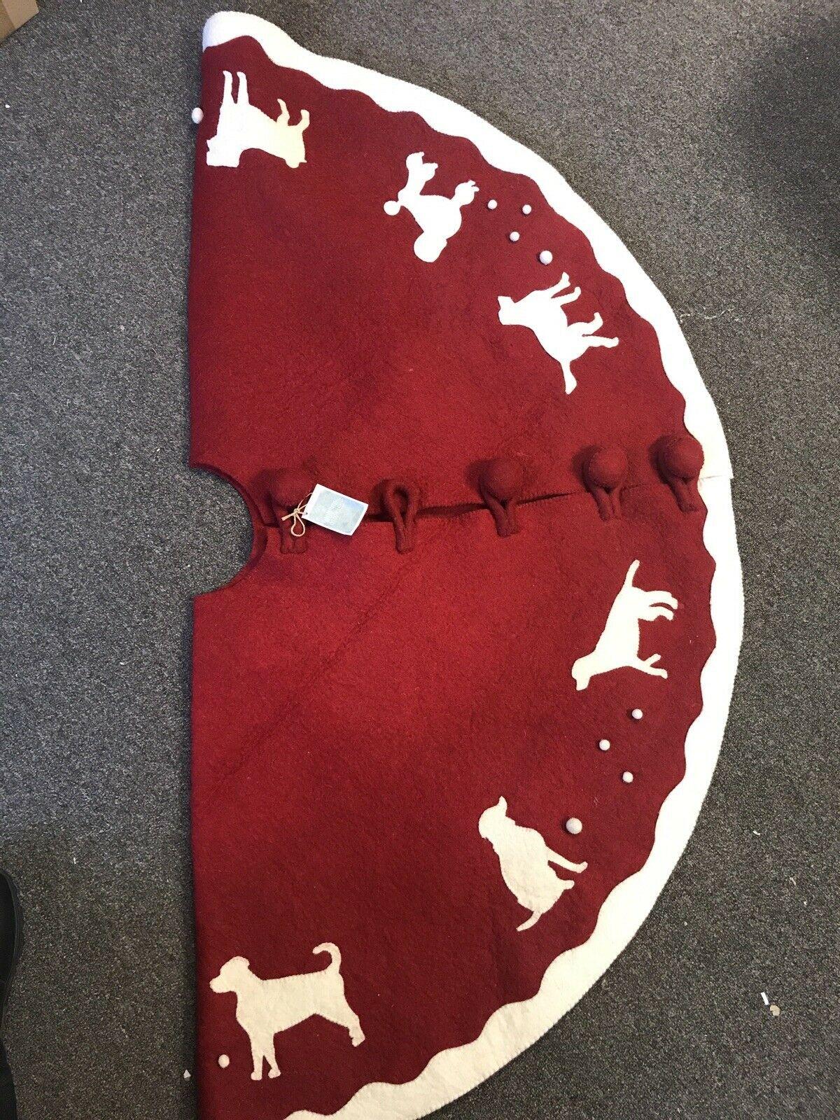 Arcadia Home Felted Wool Tree Skirt Deep Red With Dogs  NWT 60