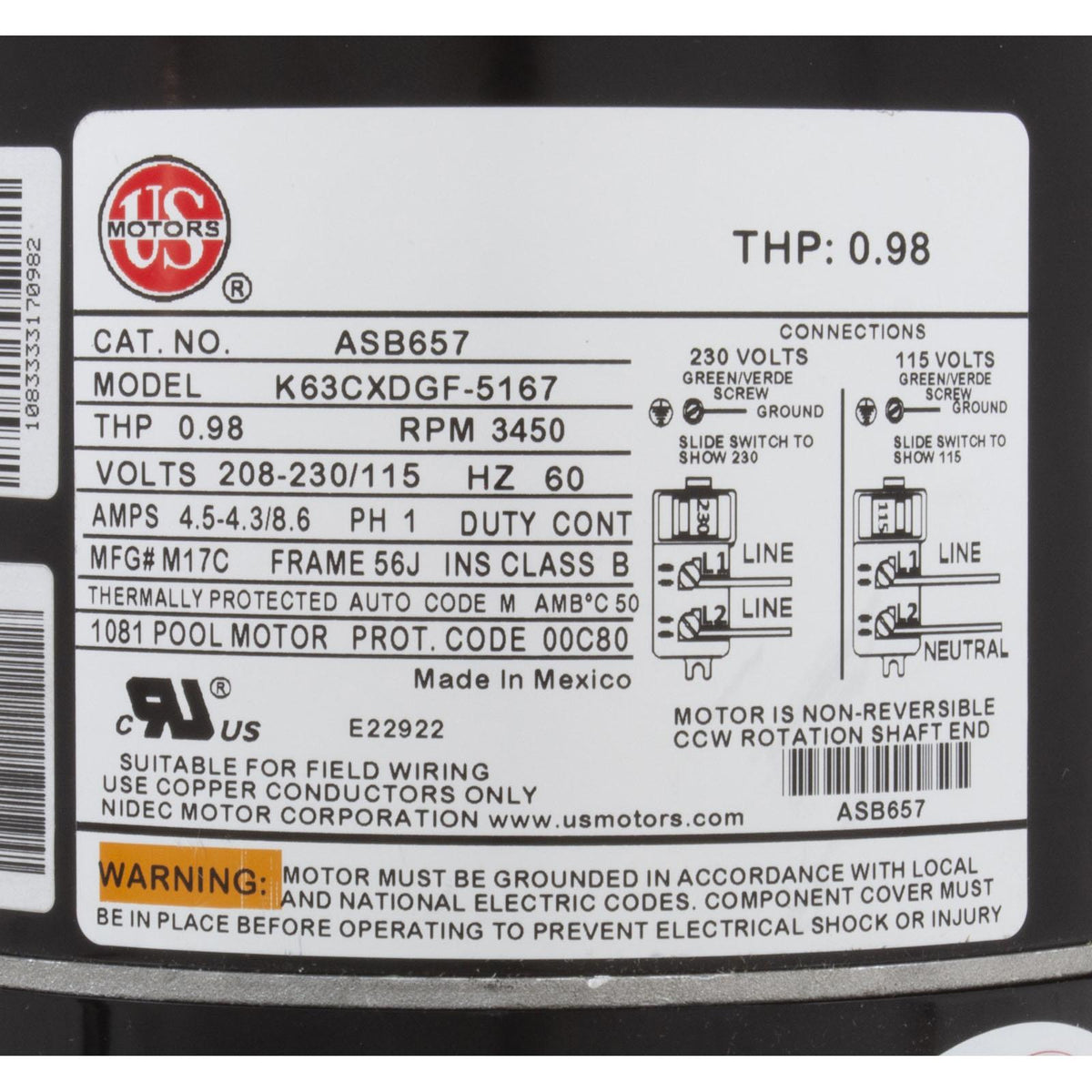 Us Motors Motor, Nidec/USMtr, 0.5hp, 115/230v, 1Spd, 56Jfr, CFace, Thd, Full