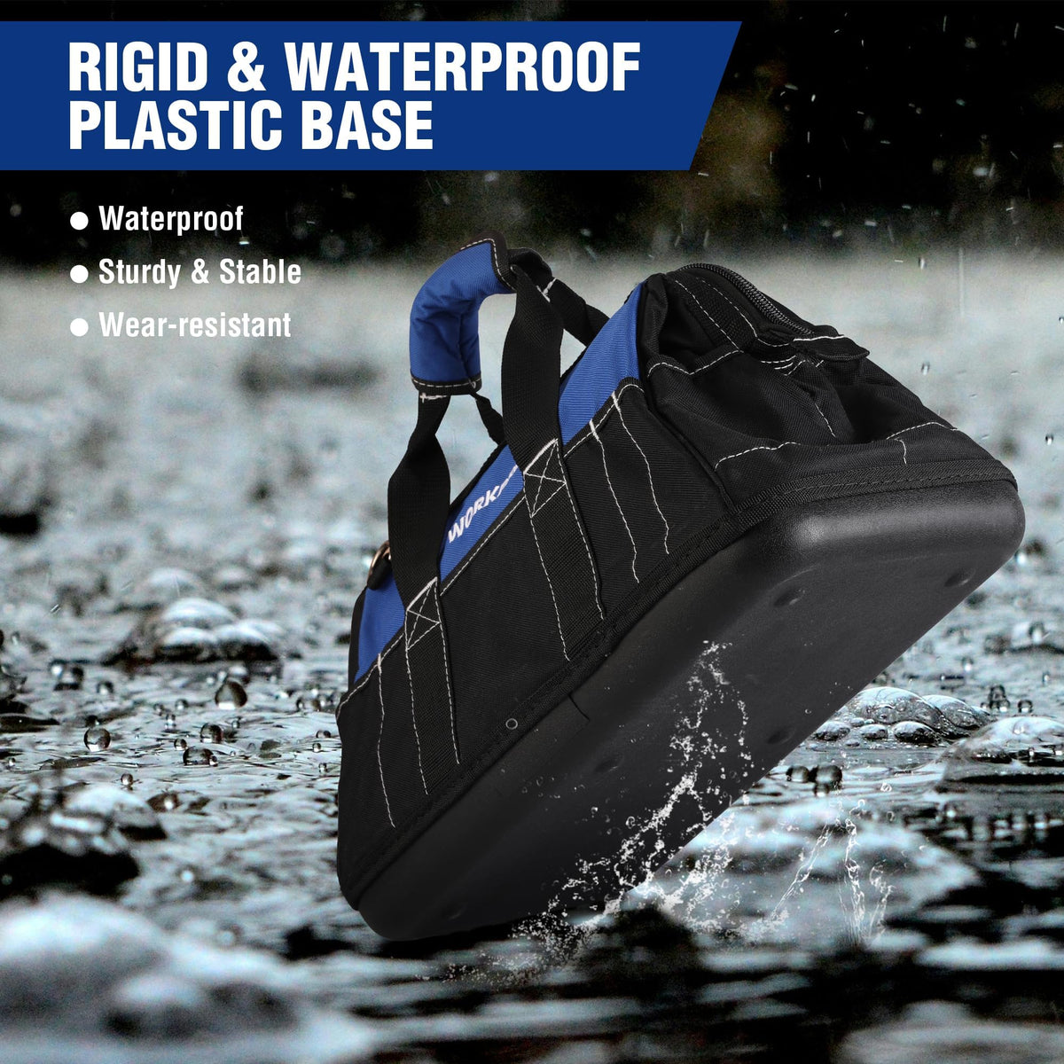 16-inch Wide Mouth Tool Bag with Water Proof Molded Base | Multi-Pocket, Heavy Duty Cloth, Adjustable Shoulder Strap, Double-pull Zipper, For Workshops, Outdoor Projects