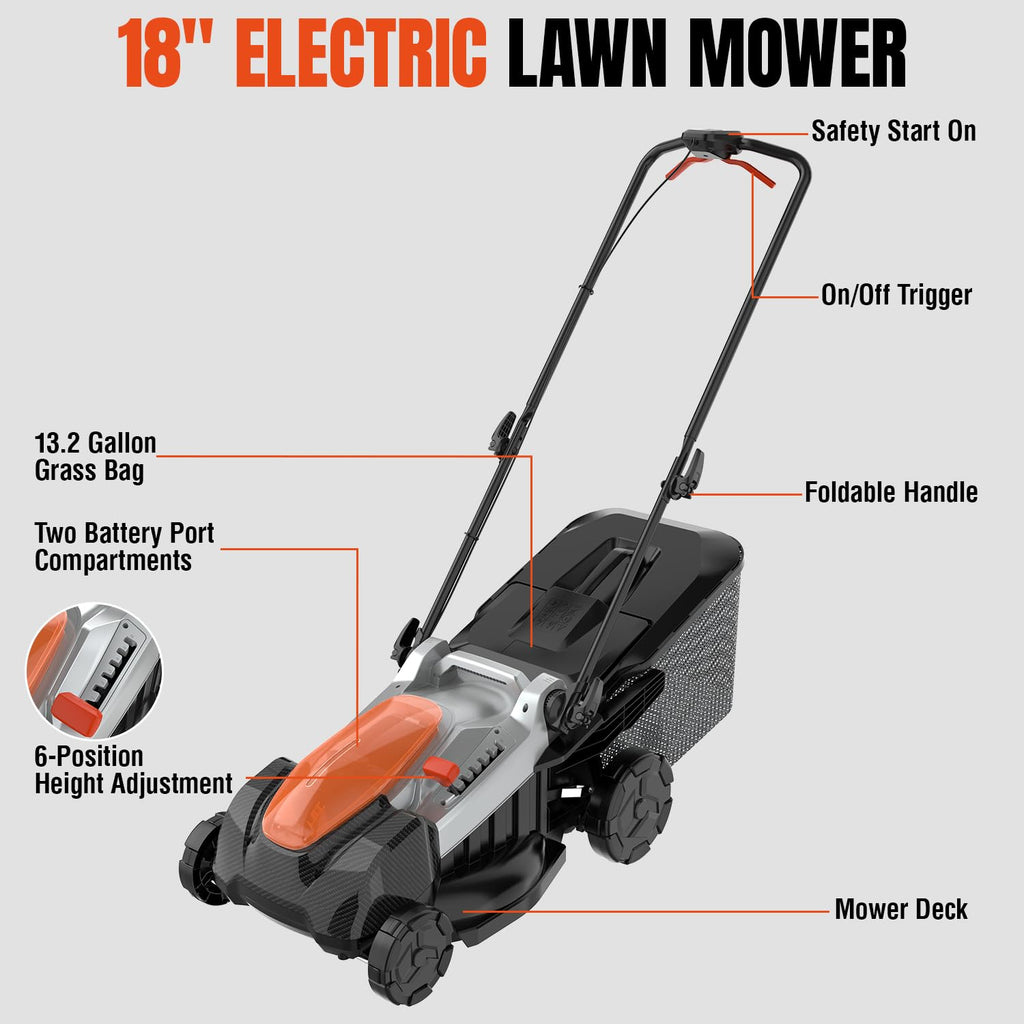 18 Inch Brushless Lawn Mower, 40V Cordless Electric Mower with 6-Position Height Adjustment, Push Mower for Garden Yards, 2×5.0Ah Batteries &amp; Charger Included