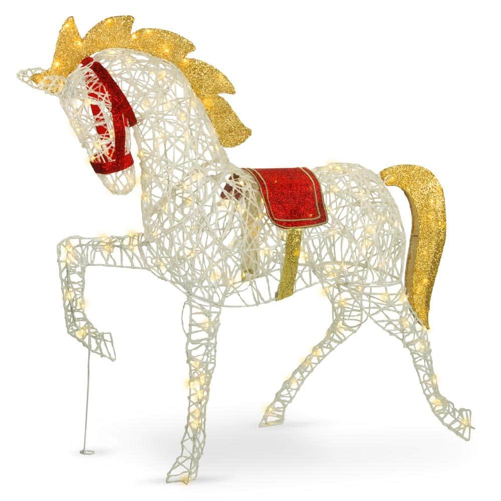 51 in. White Glittered Horse with 160 Warm White Twinkling LED Lights