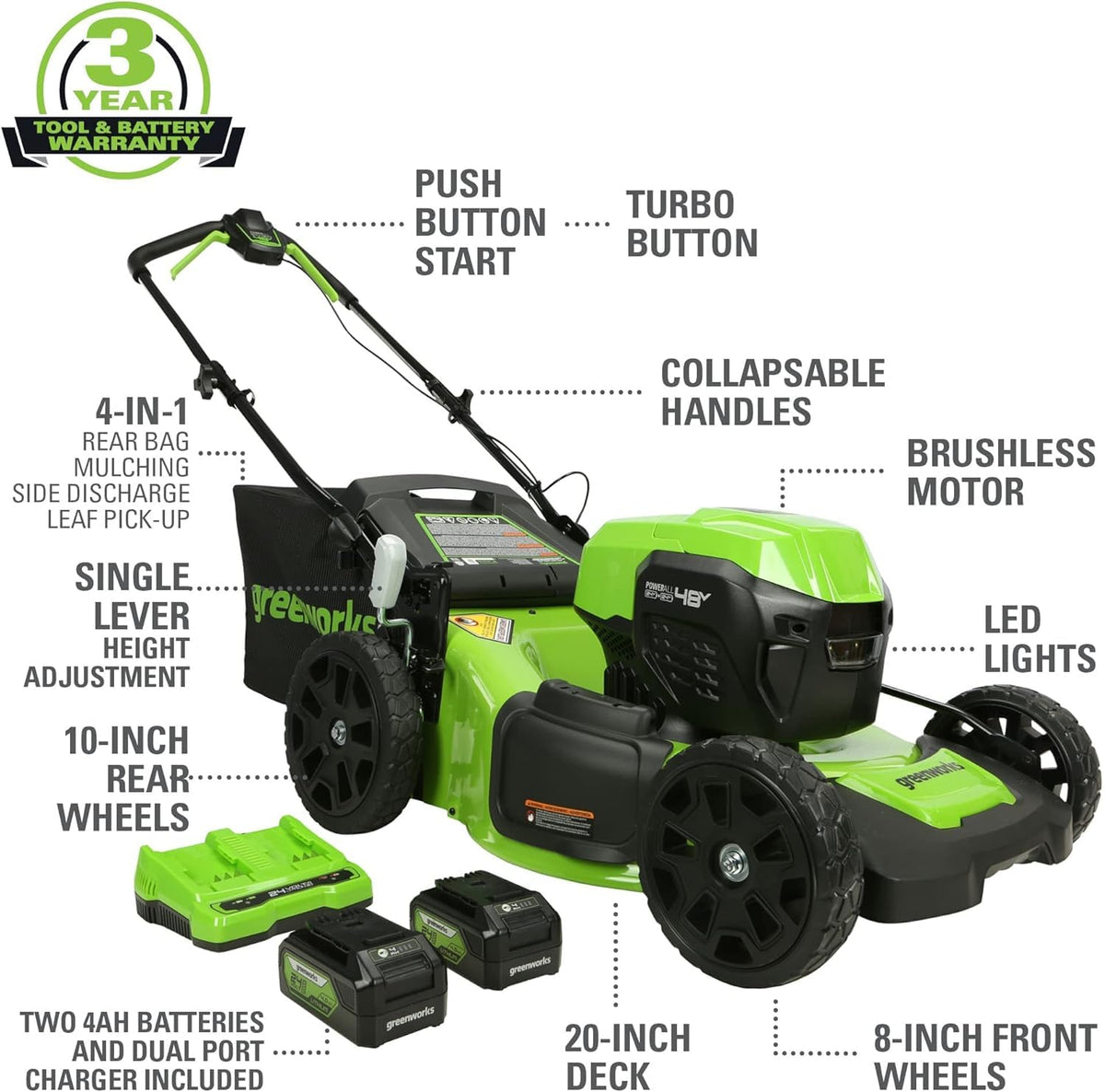 48V (24V x 2) 20" Cordless Battery Mower, 12" String Trimmer/Edger, &amp; 320 CFM Blower Combo Kit w/ (2) 4.0Ah Batteries, (1) 2.0Ah Battery &amp; Chargers