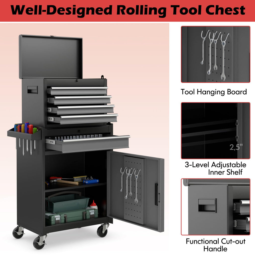 Tool Chest, 5-Drawer Rolling Cabinet with Detachable Top Toolbox, Lockable Wheels, Lock Bar, Protective Liner & Tool Rack, Metal StoraCart for GaraWorkshop