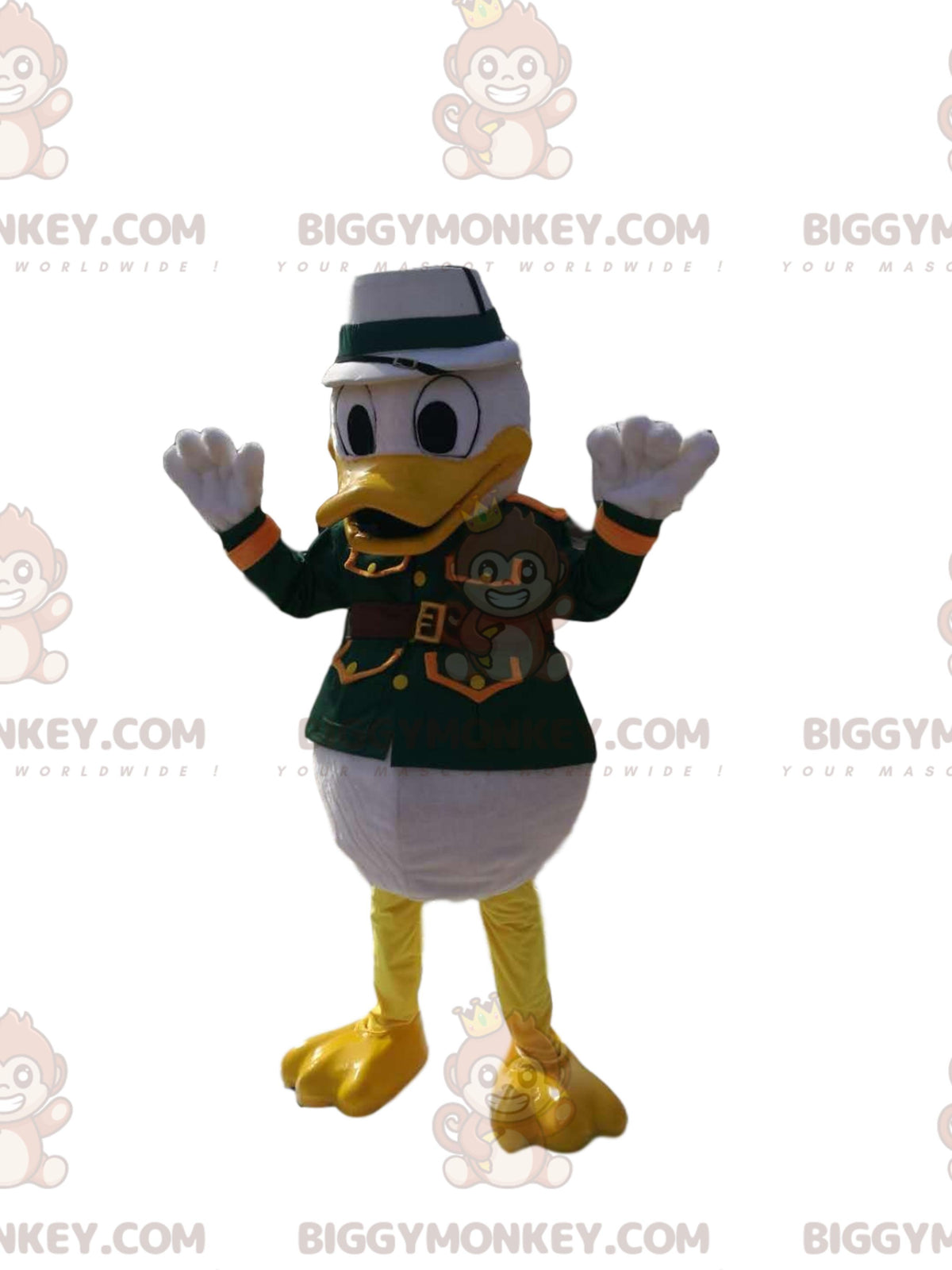 Donald's BIGGYMONKEYmascot costume in green military gear. donald costume