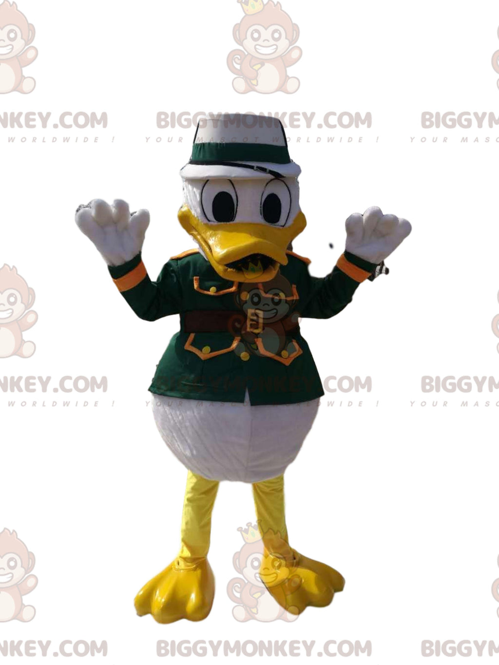 Donald's BIGGYMONKEYmascot costume in green military gear. donald costume