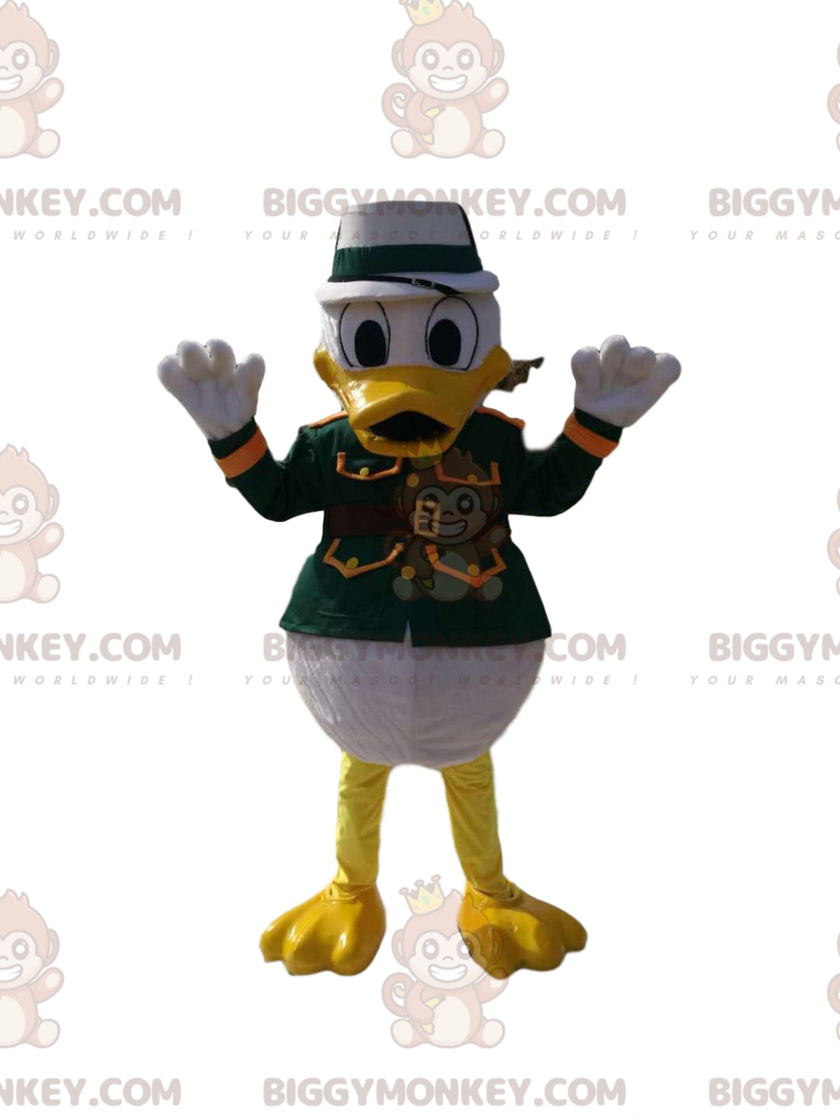 Donald's BIGGYMONKEYmascot costume in green military gear. donald costume