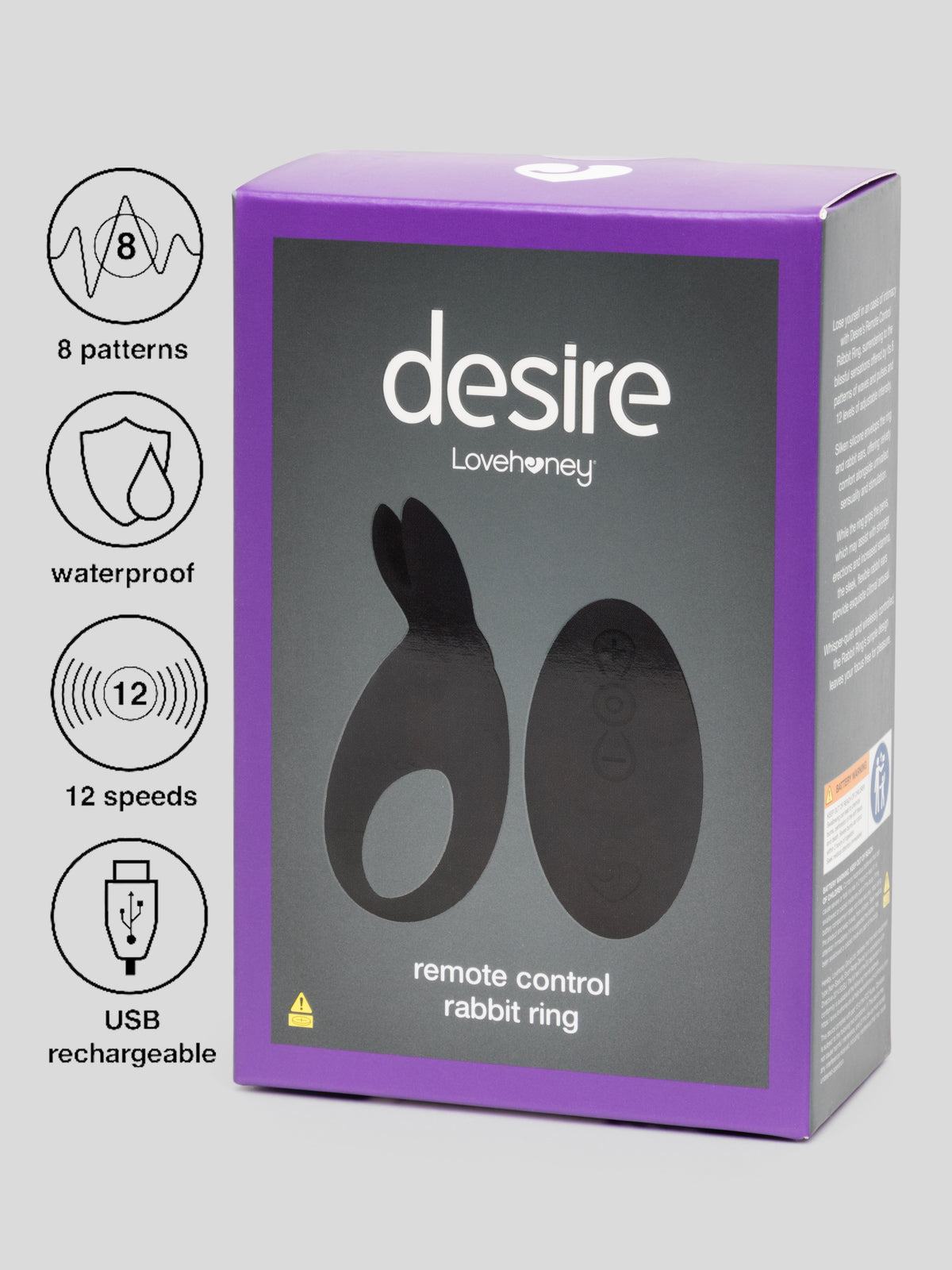 Desire Luxury Rechargeable Remote Control Rabbit Cock Ring, Black