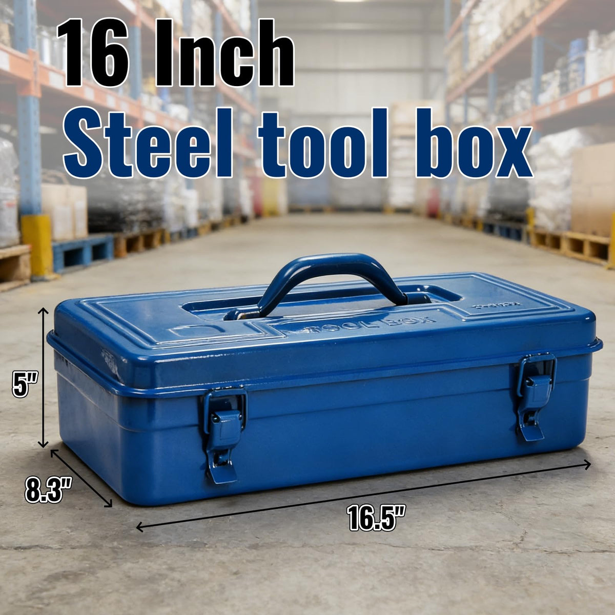 Portable Steel Tool Box, 16 Inch Metal Tool Organizer Box with Double Latch Closure and Handle, Heavy Duty StoraToolbox Chest for Workshop, Garage, Warehouse, Household, Blue