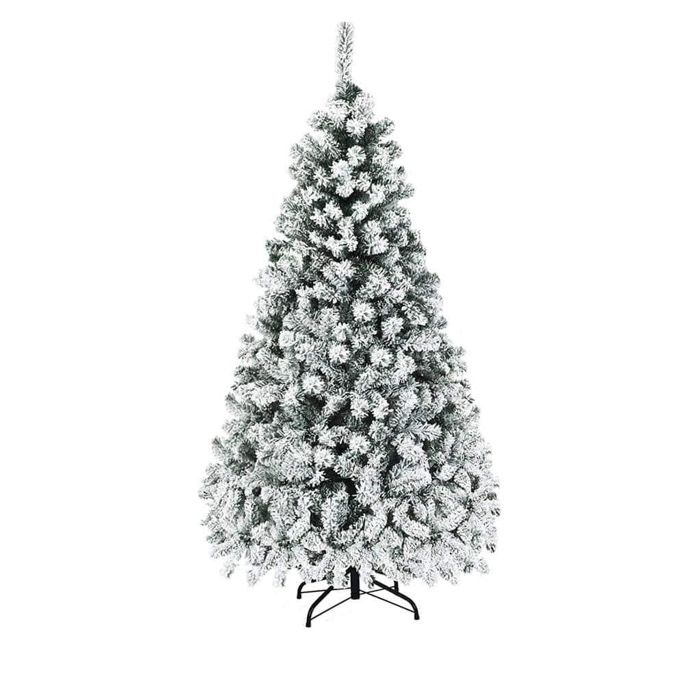 6 ft. Pre-Lit Artificial Christmas Tree Snow Flocked Hinged Pine Tree with Metal Stand