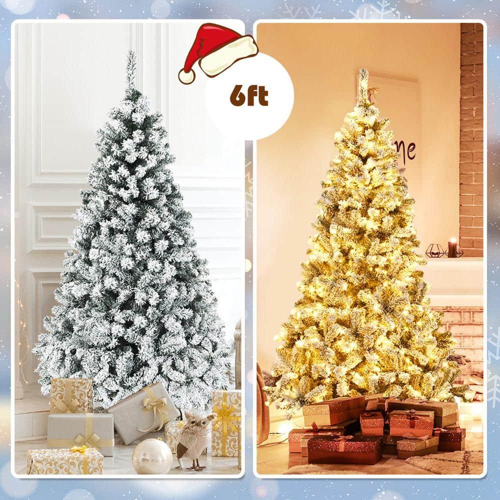 6 ft. Pre-Lit Artificial Christmas Tree Snow Flocked Hinged Pine Tree with Metal Stand