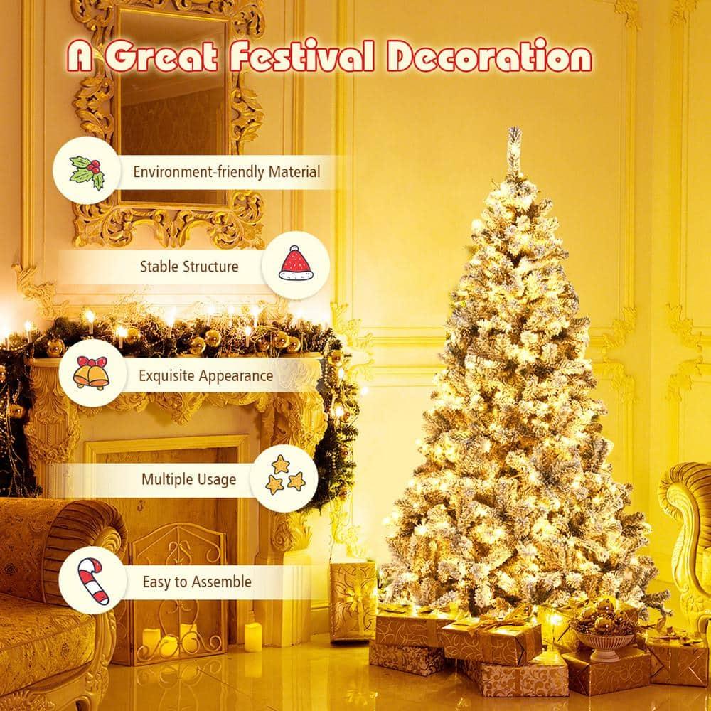 6 ft. Pre-Lit Artificial Christmas Tree Snow Flocked Hinged Pine Tree with Metal Stand